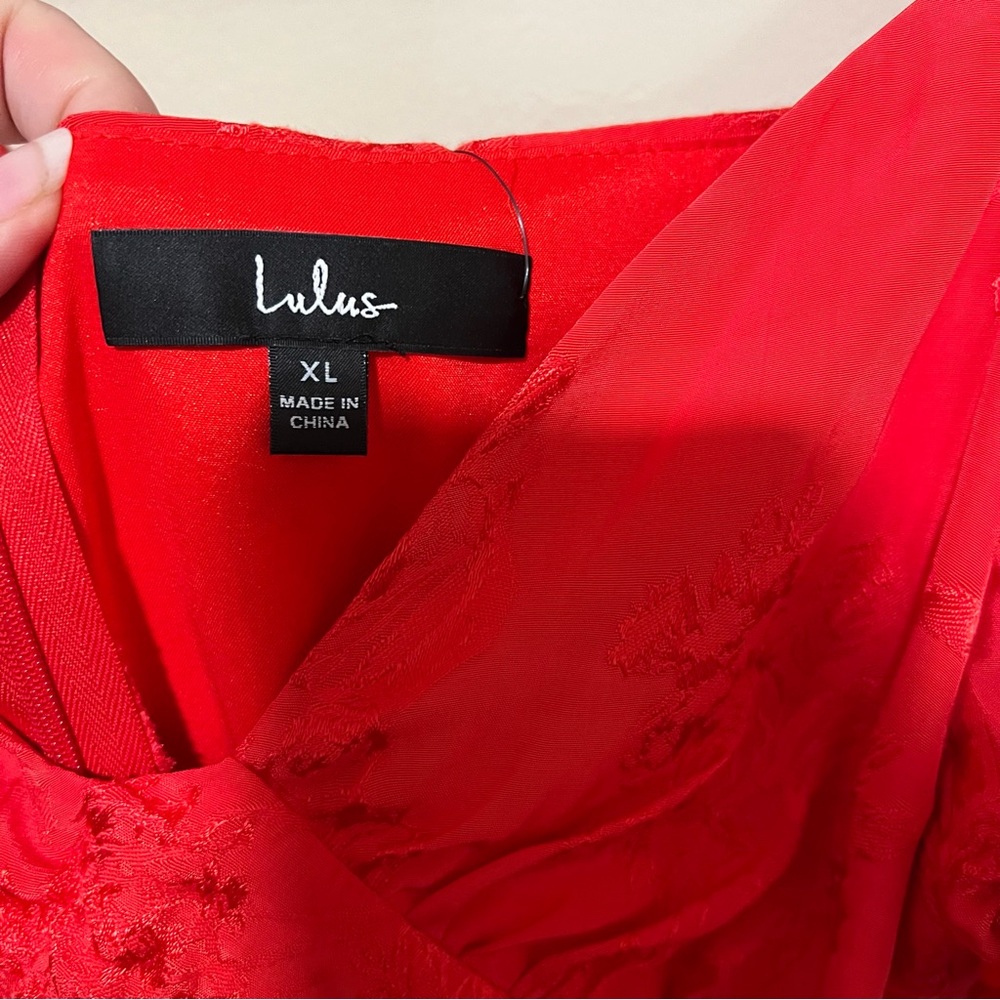 NWT XL Lulu's Effervescent Afternoon Red Satin Flutter Sleeve Midi Dress - Picture 11 of 16